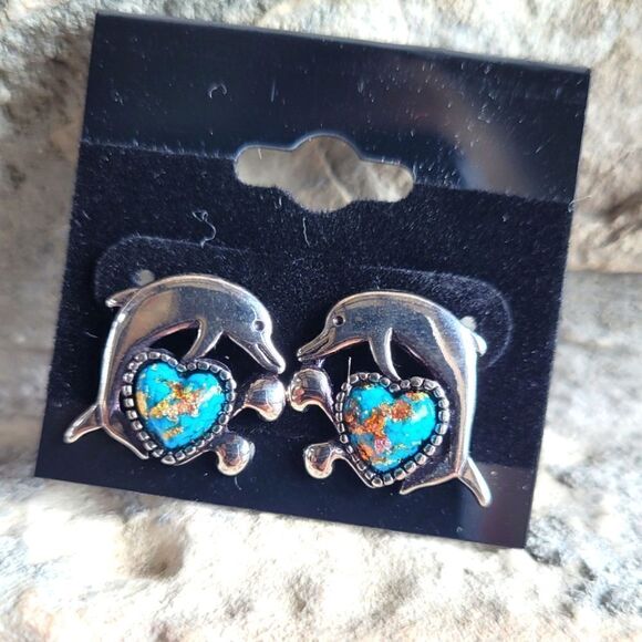 New! Genuine Turquoise Dolphin Jumping Heart Stud Earrings 🐬 - Picture 1 of 2
